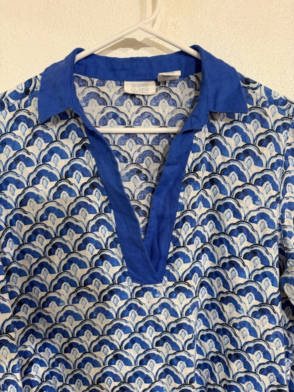 Sigrid Olsen Blue Patterned Popover Tunic with Contrast Trim 70% linen - Picture 2 of 5